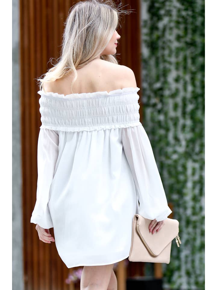 Mazik - Wholesale Tunic - Women's - Off-shoulder smocking detail chiffon tunic top MK7106