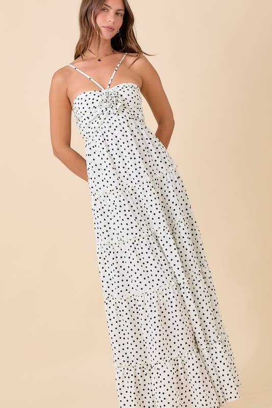 WHITE BLACK All Over Polka Dot Tier Maxi Halter Dress for wholesale on Faire