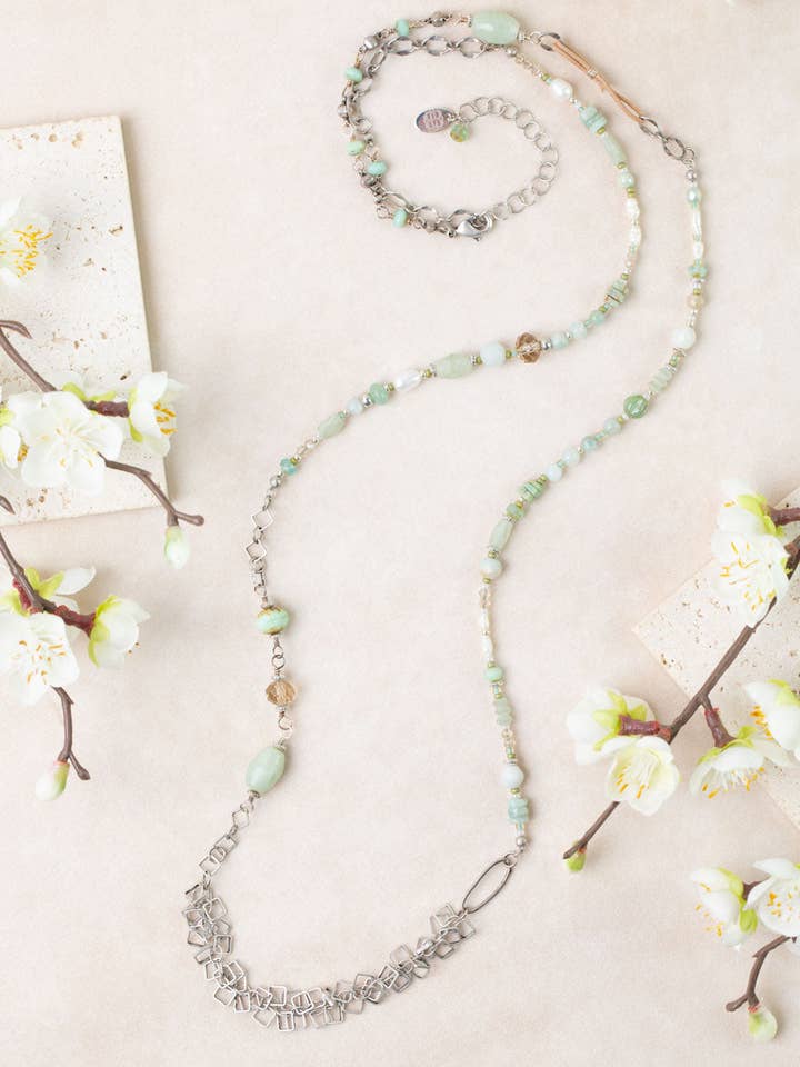 Mint Julep 35,5-37,5" Parel, Chrysopraas, Amazoniet Collage Ketting voor wholesale door Anne Vaughan Designs Jewelry