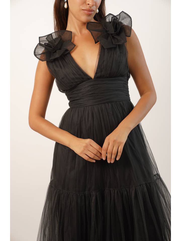 Chana Plunge Corsage Maxi Dress in Black for wholesale on Faire