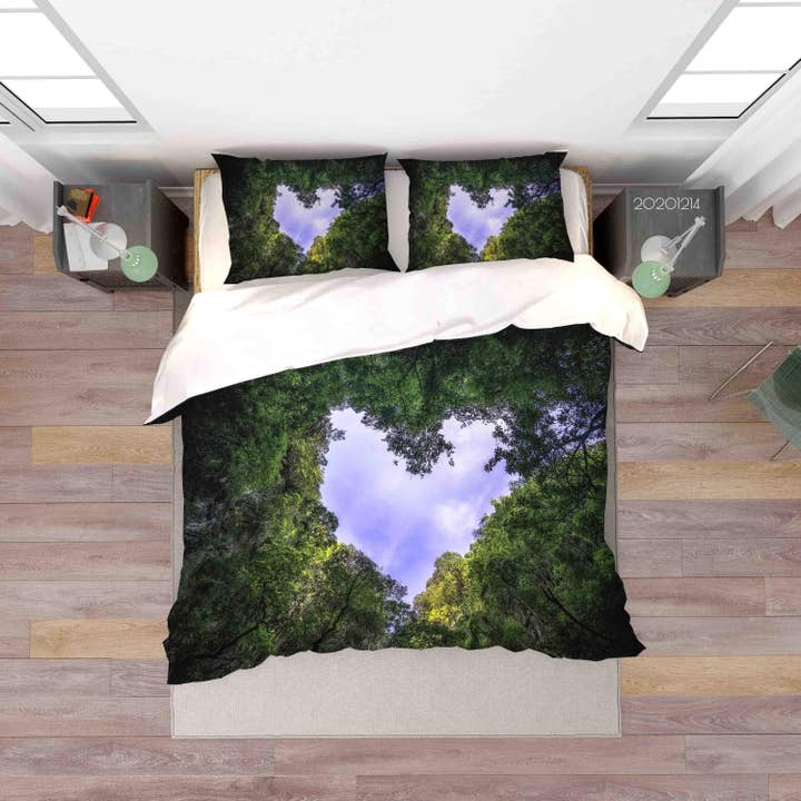 3D Landschaft Herzform Himmel Grüner Wald Baum Pflanze Bettbezug-Set Bettwäsche-Set Bettdeckenbezug Kissenbezüge LXL für den Großhandel von Jess Art Decoration