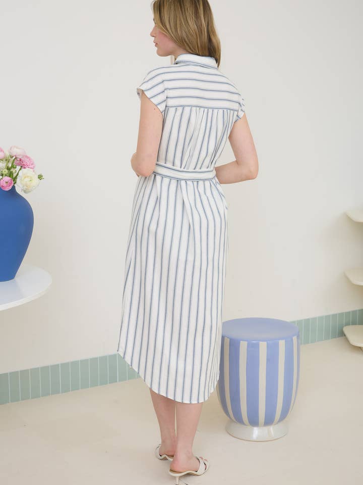 Blu Pepper - Wholesale Dress - Women's - STRIPE COLLARED BUTTON DOWN BELT TIE SHIRT DRESS