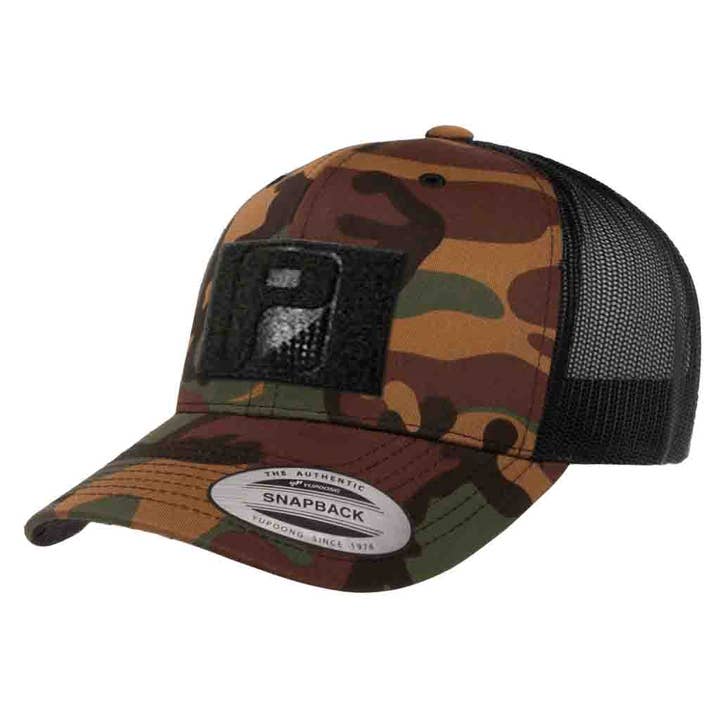Trucker Curved Bill Snapback Hat by Pull Patch (Camo/Black) for wholesale by Pull Patch