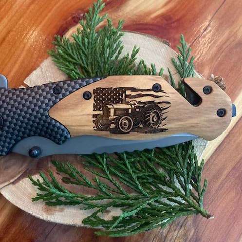 Farm Tractor on FLAG Knife for wholesale by Quail Tail Laser Art