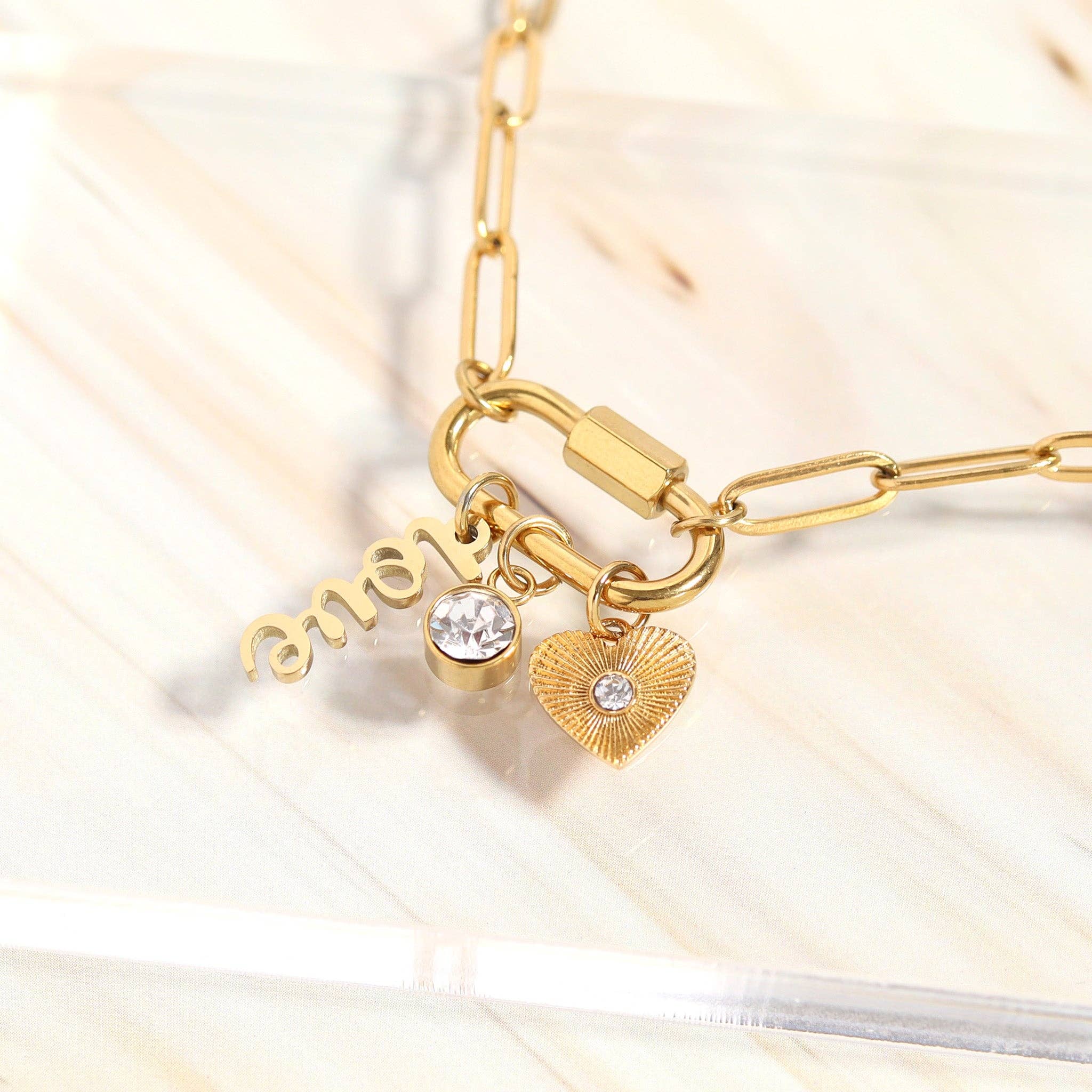 WJW – wholesale Pendant/charm necklace – 18K PVD Gold Carabiner "Love" Paperclip Charm Necklace5