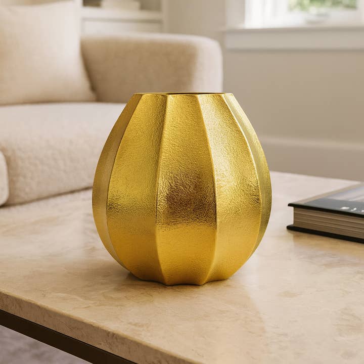 Handmade Gold Aluminum Vase – 7.5” Tall x 8” Wide Decorative for wholesale by 2626 Designs