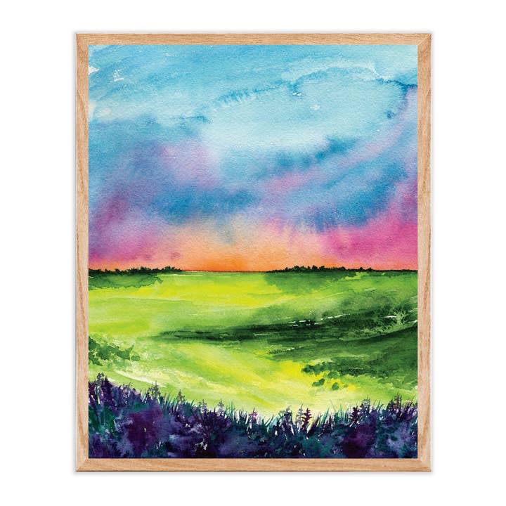 Sunset Field Watercolor Landscape Art Print for wholesale by Green Artist Designs
