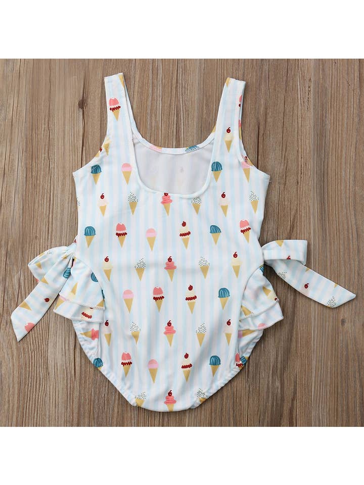 Fennco Styles - Wholesale One Piece Swimsuit - Kids - Ice Cream Bowknot Ruffled Light Blue 1pcs Girl Swimsuit