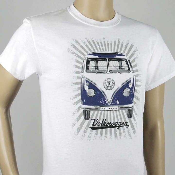 VW Collection by BRISA – Engroshandel T-shirt med print - Unisex – VW T1 Bus T-Shirt Unisex (XXL) - Samba Striber/Blå&Hvid