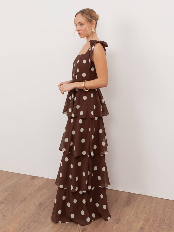 Anaya With Love Recycled Brown Polka Dot Tie-Shoulder Tiered Maxi Dress for wholesale by Plaza Collection Ltd