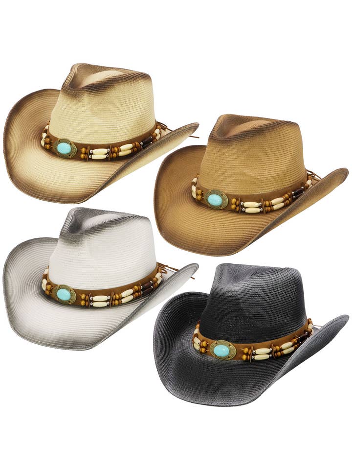 Turquoise houten kralen geweven stro cowboyhoed voor wholesale door Cap Zone