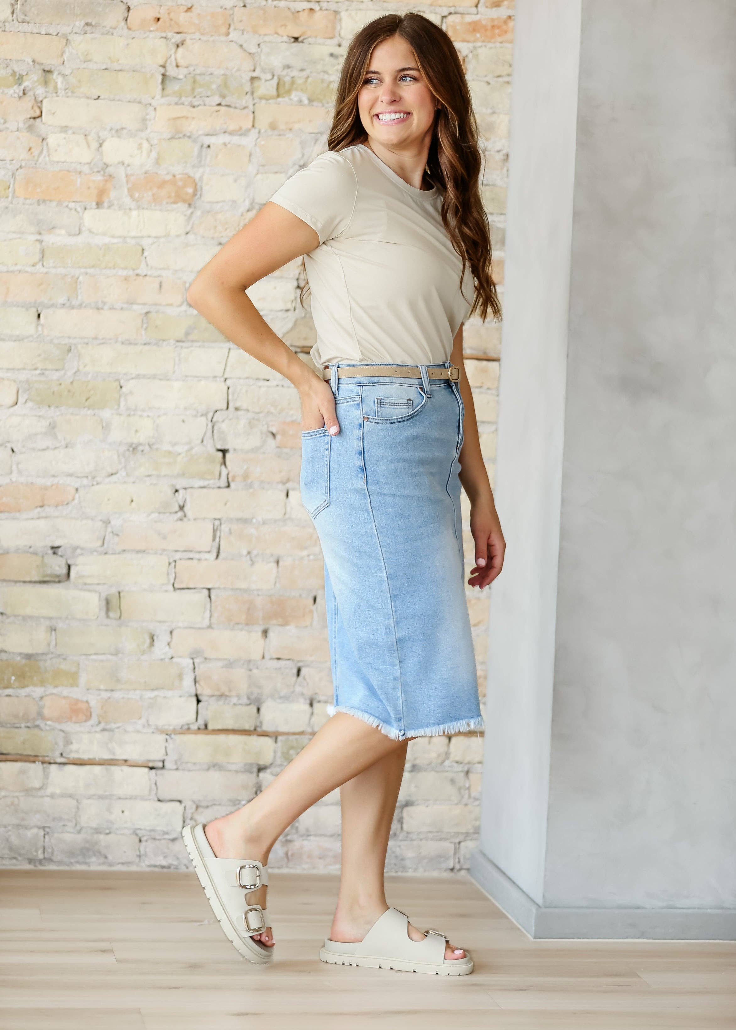 Inherit Clothing Company - Wholesale Skirt - Women's - Drew Raw Hem Midi Denim Skirt6