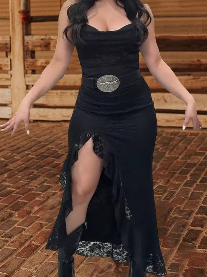 Western cowgirl High slit lace ruffle fitted strappy dress for wholesale by Rosa Clothing