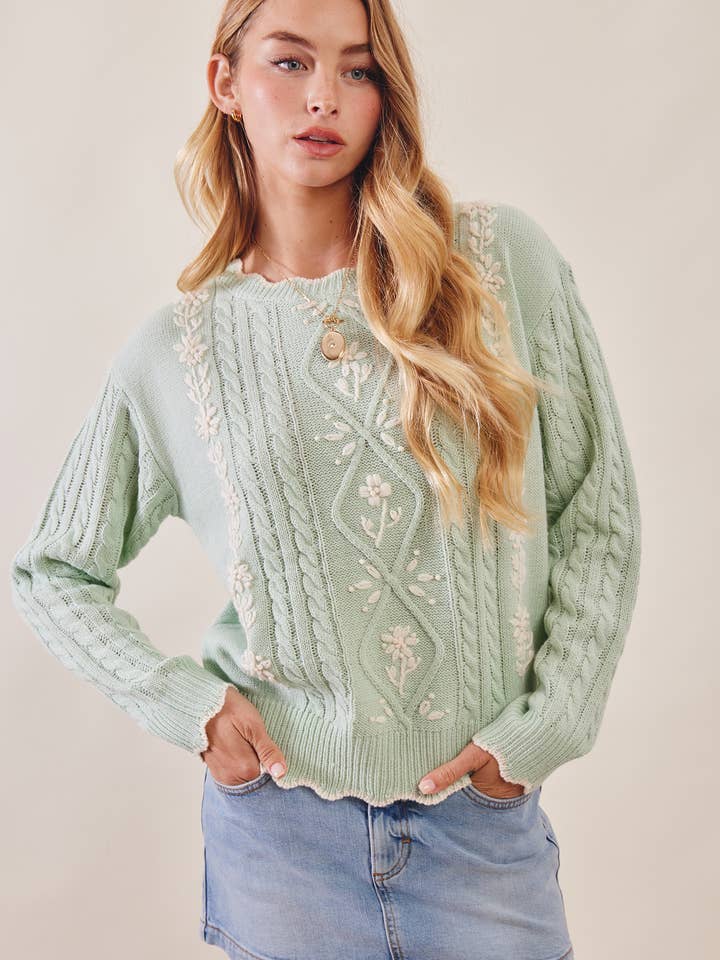 Floral Embroidered Cable Knit Sweater LSW0985 for wholesale by Listicle