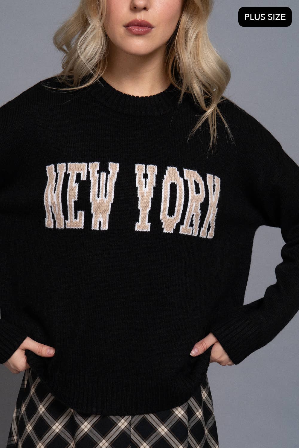 Active Basic | Active USA - Wholesale Knit Sweater - Women's - Long Sleeve Crew Neck "NEW YORK" Lettering Sweater Top3