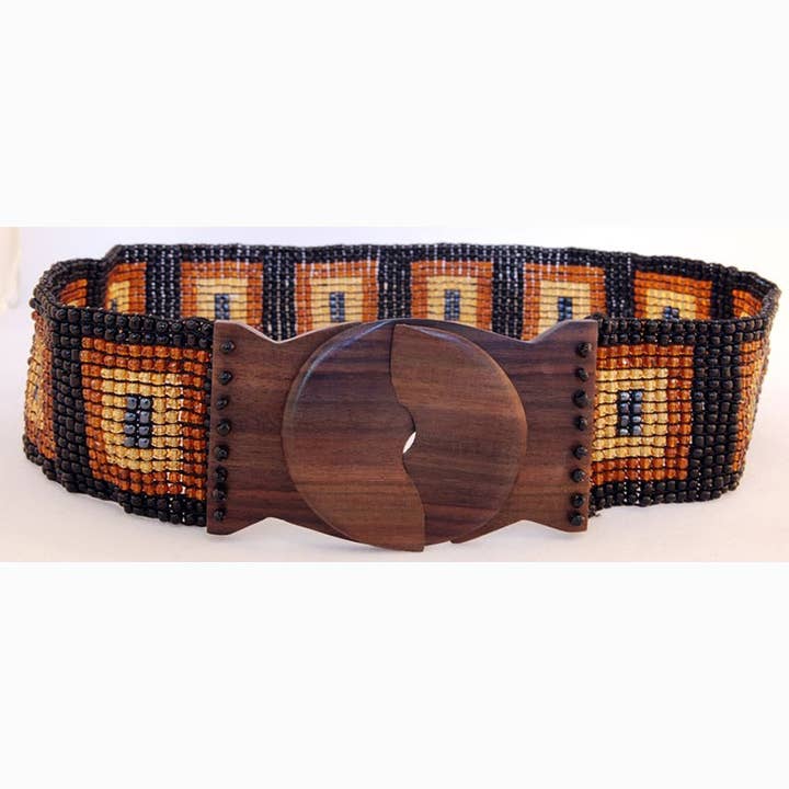 Beaded belt wood scroll in Black Brown Squares for wholesale by Erik & Mike