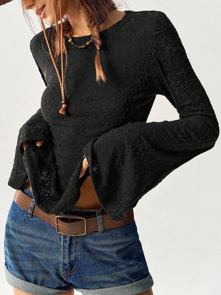 Rosa Clothing - Wholesale Blouse - Women's - Textured Crew Neck Flared Sleeves Blouse4