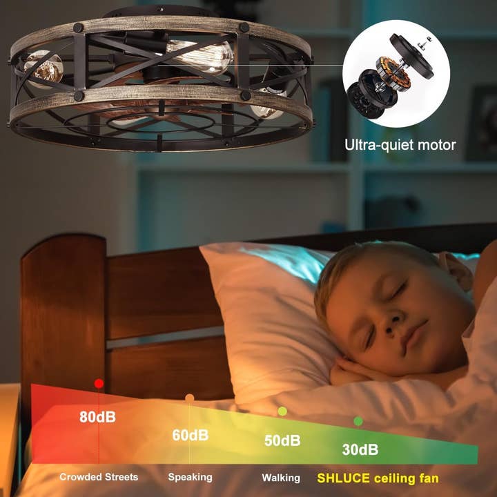 ShipItFurniture - Wholesale Ceiling Fan - Farmhouse Flush Mount Caged Ceiling Fans with Lights, 6 Speeds, Rustic Low Profile Ceiling Fan with Light and Remote, Small Bladeless Ceiling Fans with Lights for Kitchen, Bedroom
