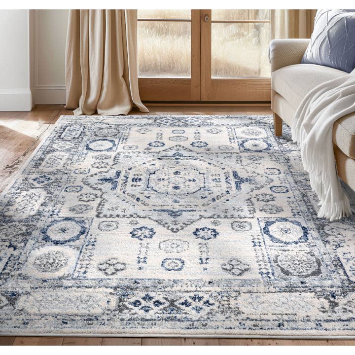 Well Woven - Wholesale Area Rug - Leon Medallion Ivory Blue Beige Rug For Living Room, Bedroom, and Dining Room