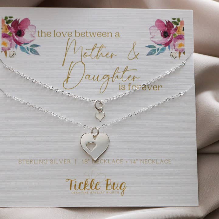 Mother Daughter Heart Necklace Set - Sterling Silver for wholesale by Tickle Bug Jewelry