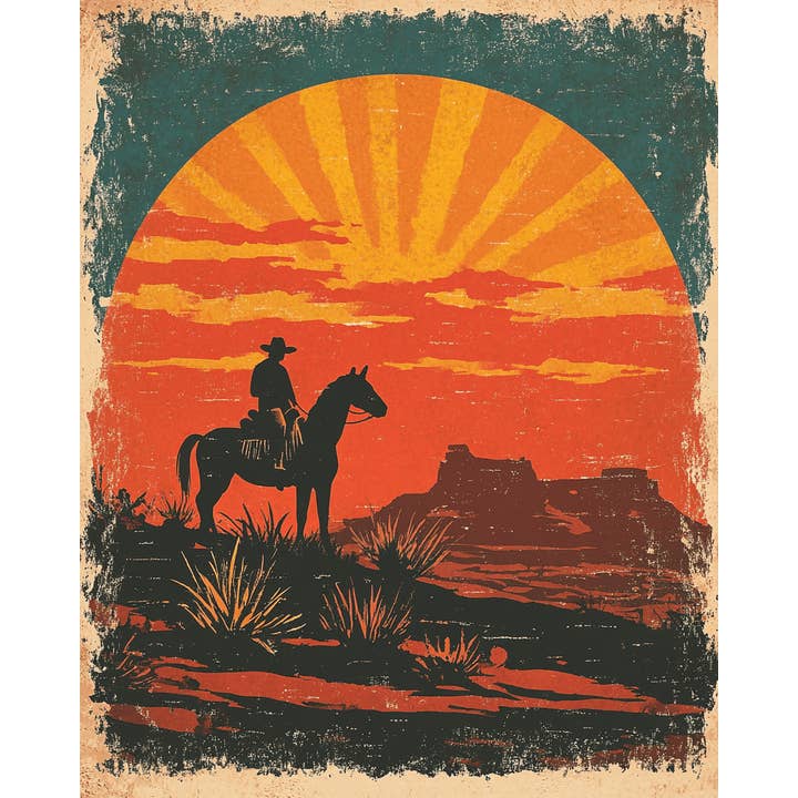 Mowbi - Vendita all'ingrosso Stampa artistica - Vintage Sunrise Cowboy – Stampa d'arte per parete in stile western e sud-occidentale – Opera 20x25 cm – Passepartout 28x35 cm