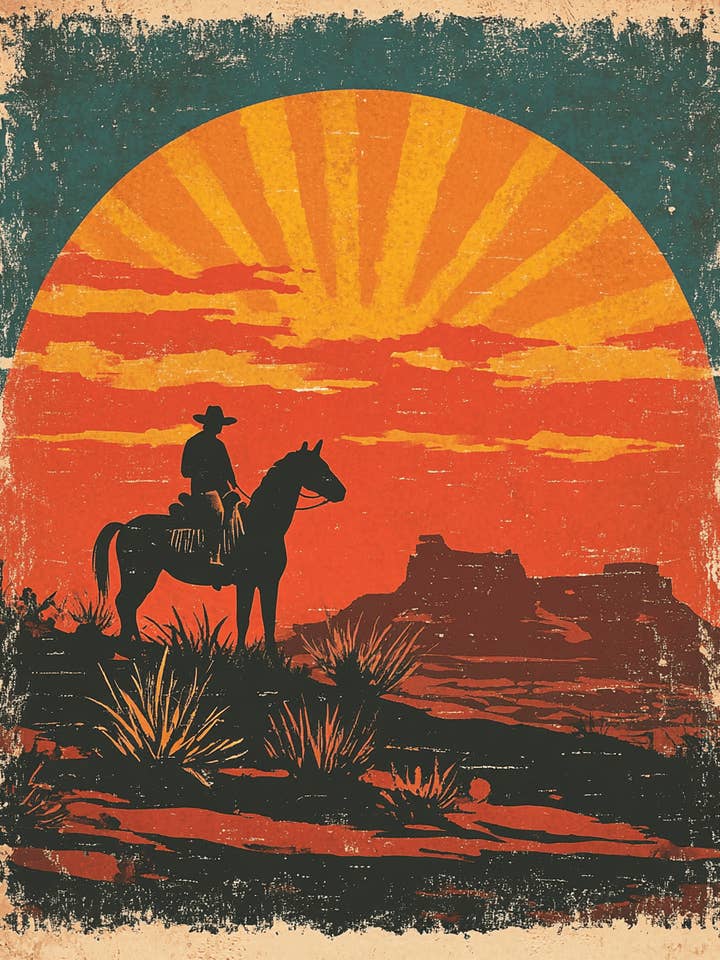 Vintage Sunrise Cowboy - Vestlig og sydvestlig boligindretning Vægkunsttryk - 8 ″ x10 ″ kunstværk - 11 ″ x14 ″ mat for engroshandel hos Mowbi