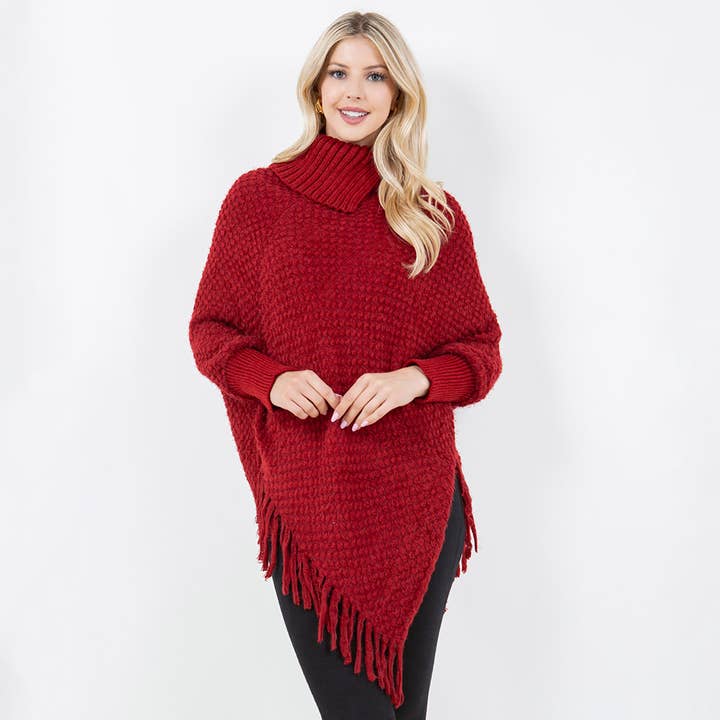 Cowl Neck Fringe Hem Knit Poncho for wholesale by Sensibling Corp.