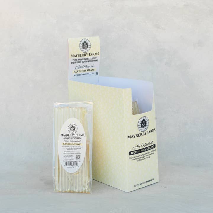 Rå honungssugrör i detaljhandelsdisplay med 24 förpackningar för wholesale av Mayberry Farms