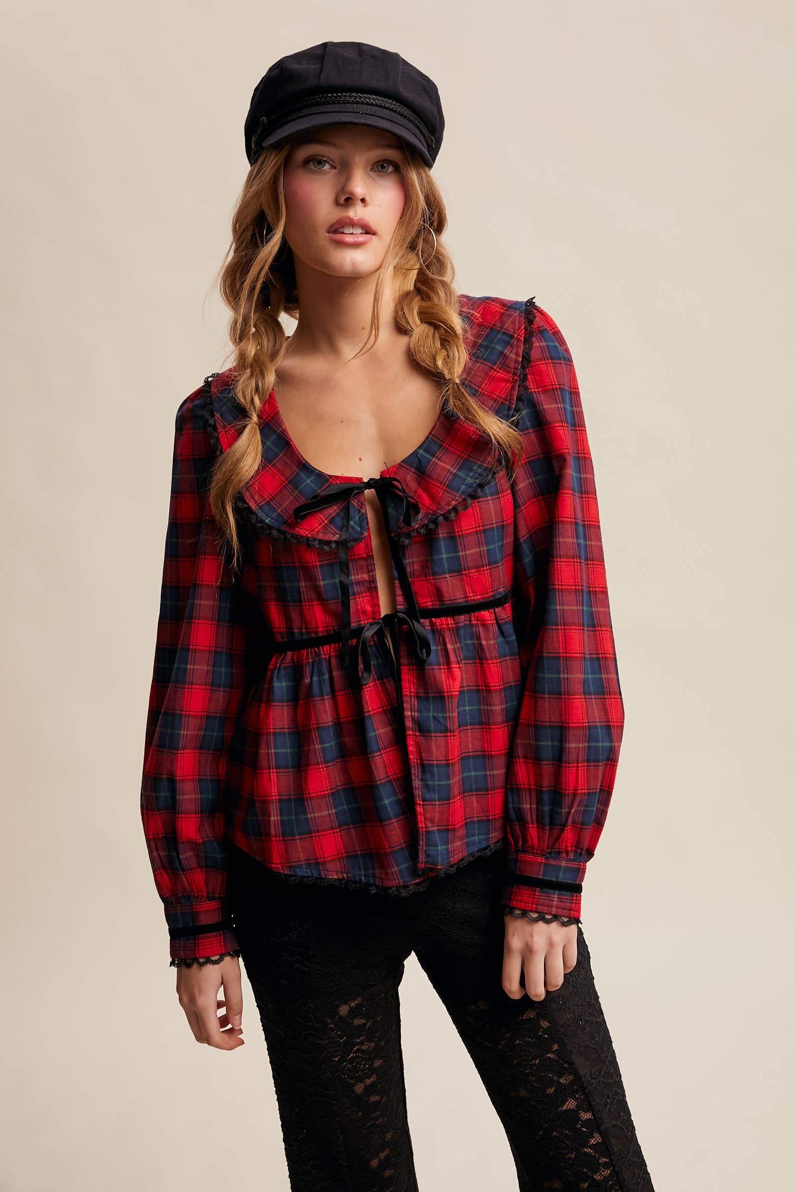 Listicle - Wholesale Blouse - Women's - Plaid Velvet Trim Holiday Blouse LT14461
