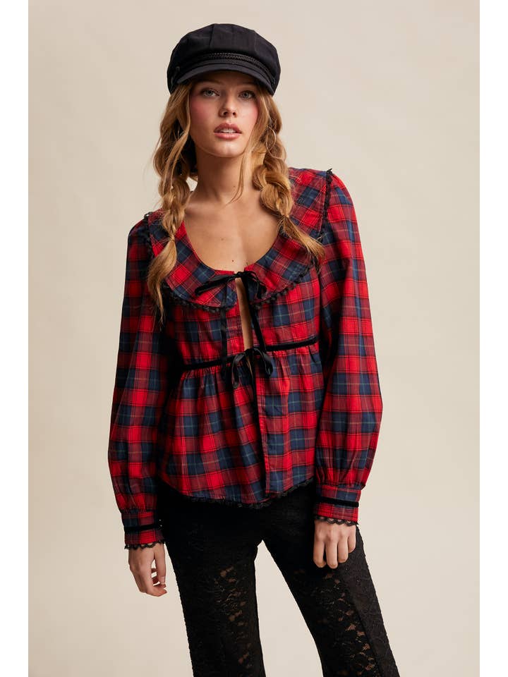Listicle - Wholesale Blouse - Women's - Plaid Velvet Trim Holiday Blouse LT14461