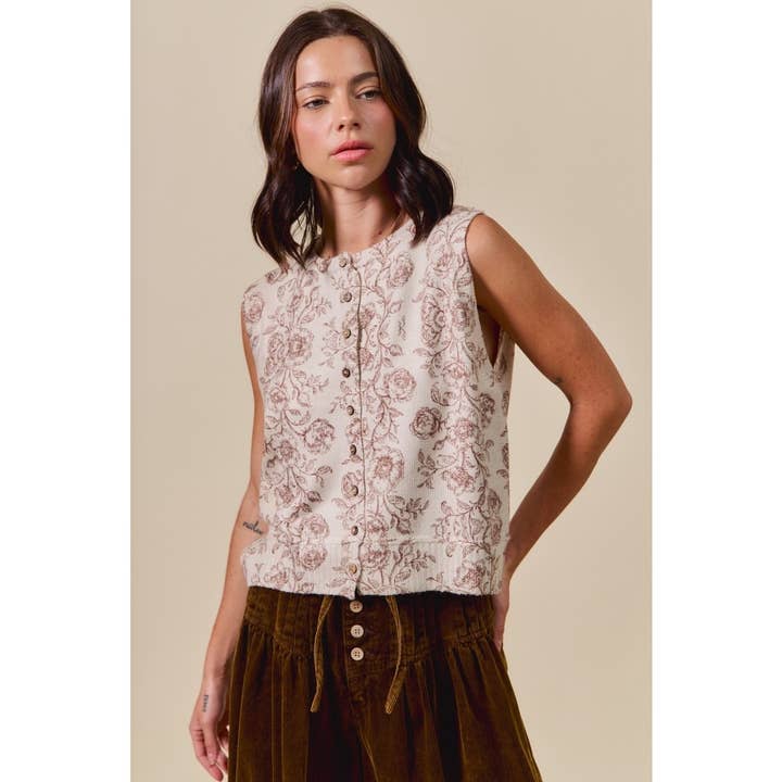 Tofarvet blomsterprintet sweatervest med knapper for engroshandel hos IVE