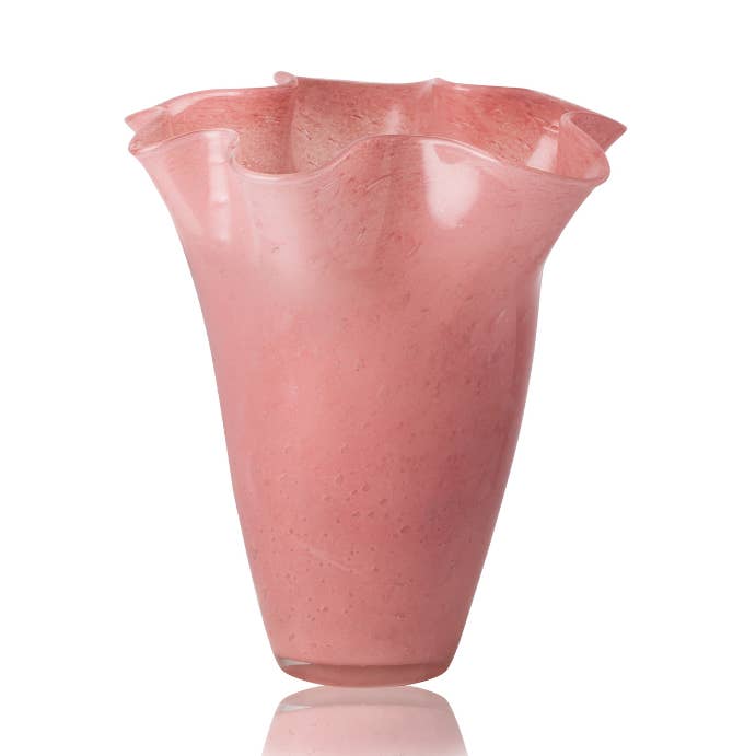Pink Ruffled Top Glass Vase - 11" Tall, Handblown for wholesale by The Blue Heron
