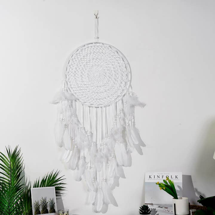 Feather Dream Catcher Macrame Wall Hanging Decoration - White for wholesale by Sparkle Being