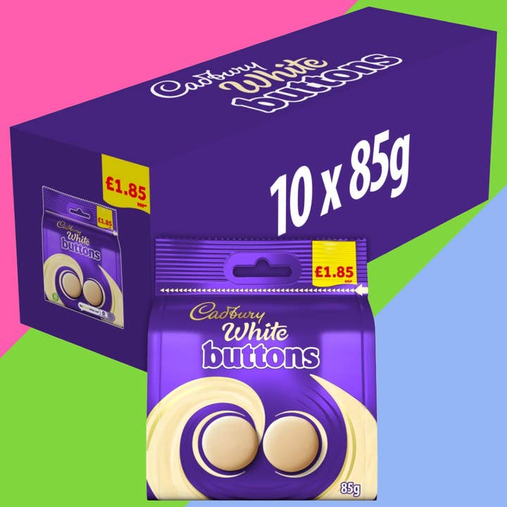Sac de chocolat Cadbury White Buttons 10x85g 1,85 £ PMP pour la vente par Gaffney's Sweets & Treats Wholesale