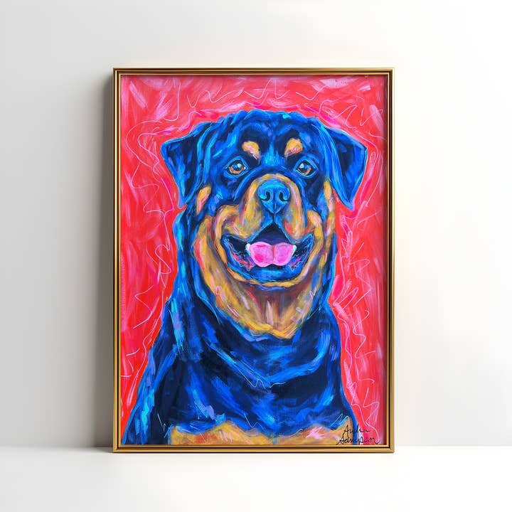 Rottweiler Hundkonsttryck, Husdjurskonst, Maximalistisk konst, Dopamindekor, Trendig Färgglad Väggaffisch för wholesale av Audra Style