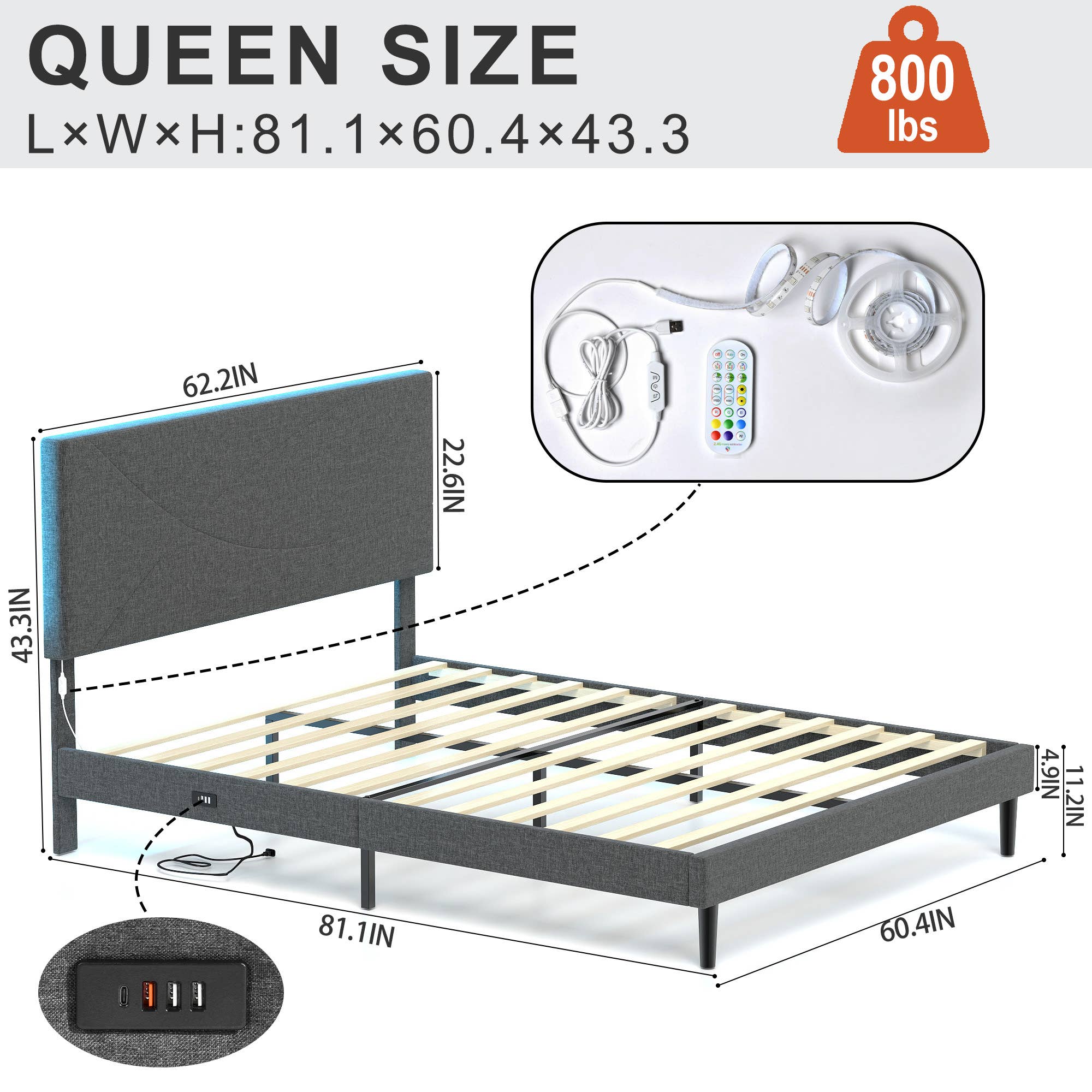 39F Inc. - Wholesale Bed - Queen Size Bed Frame with USB port & LED Headboard–Grey11
