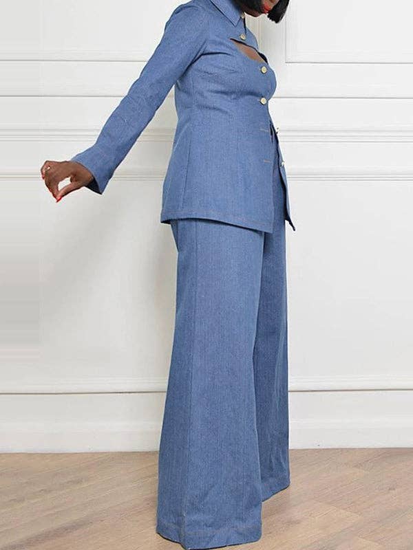 DENIM BLUE High-Waisted Jeans with Pockets and Lapel Blouse Sets for wholesale on Faire7