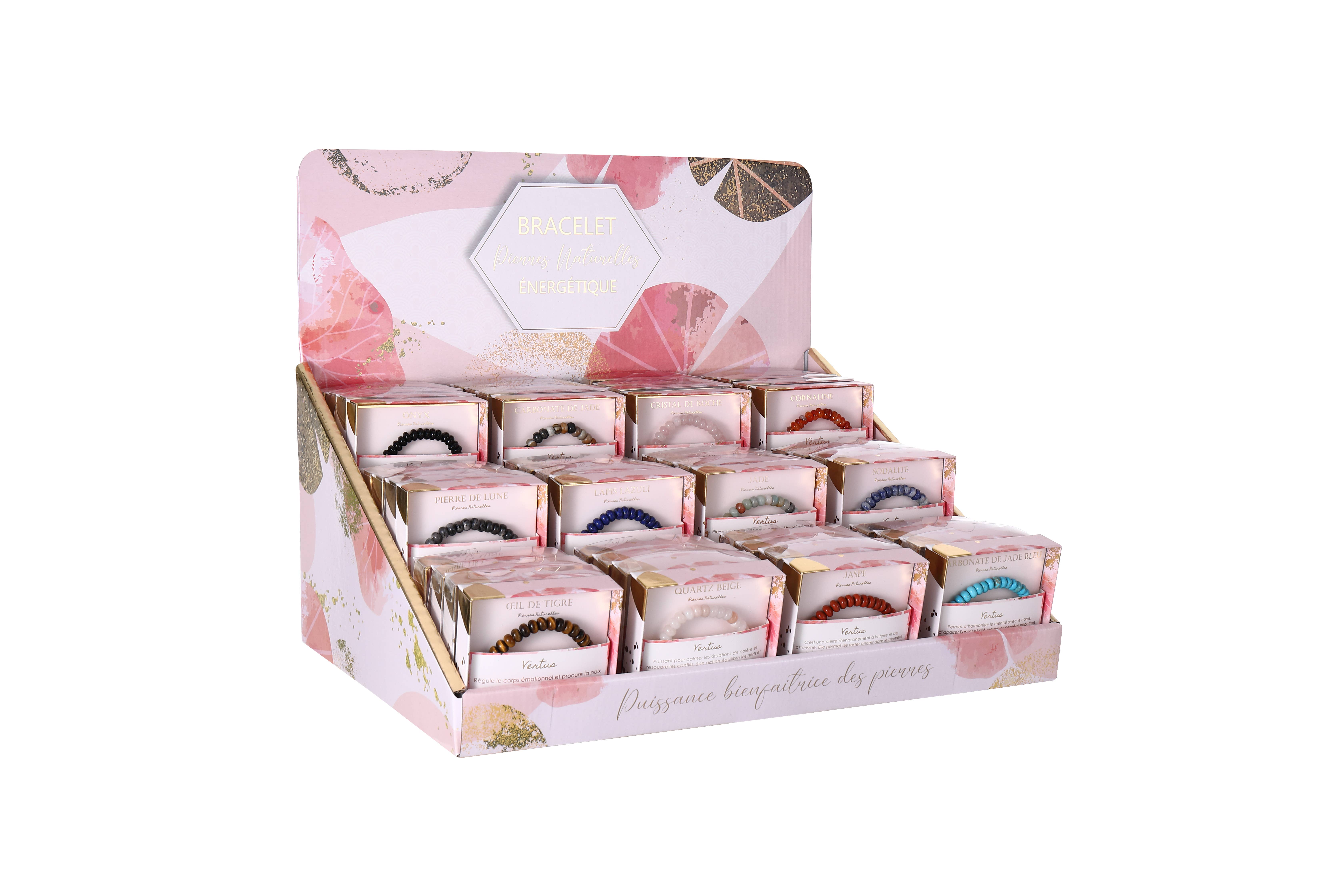 STELLA GREEN – wholesale Beaded bracelet – 72 energetic steel & natural stones bracelets (display)1