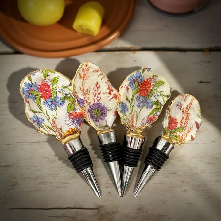 Wildflower Meadow Oyster Shell Wine Stopper – Gold Rim for wholesale by Shell Yeah By Jaks LLC