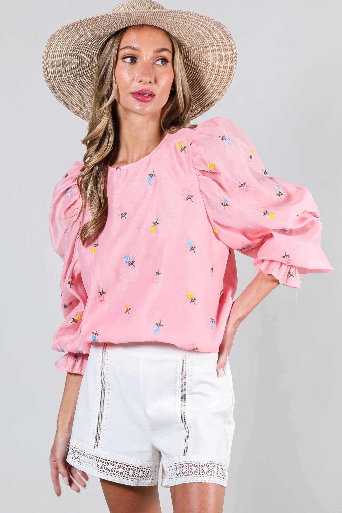 Vine & Love - Wholesale Blouse - Women's - Embroidered Long Puff Organza Blouse Top VT60375A3