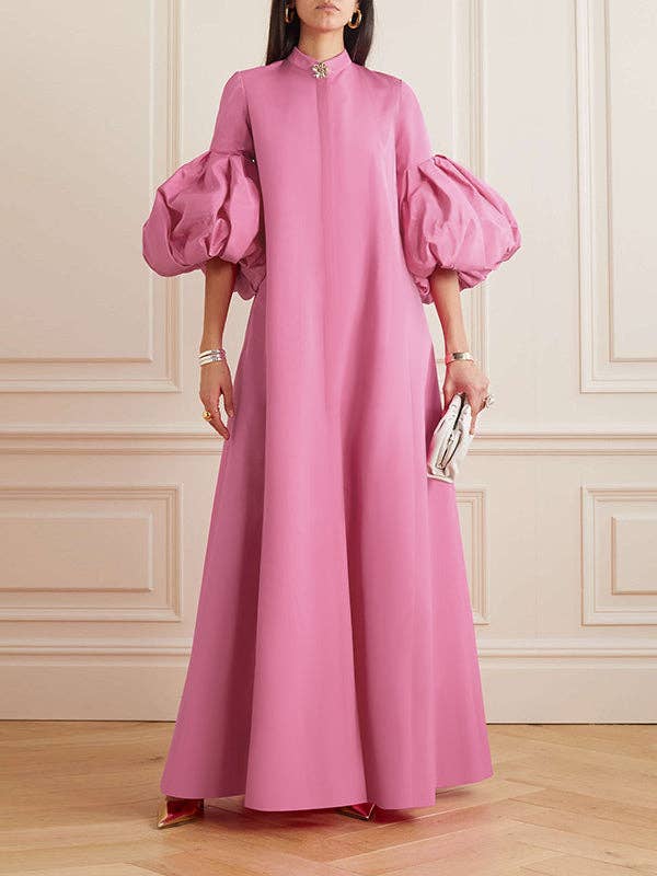 FurDecoration - Wholesale Dress - Women's - Flowy Floral Stand Collar Lantern Sleeve Maxi Dress