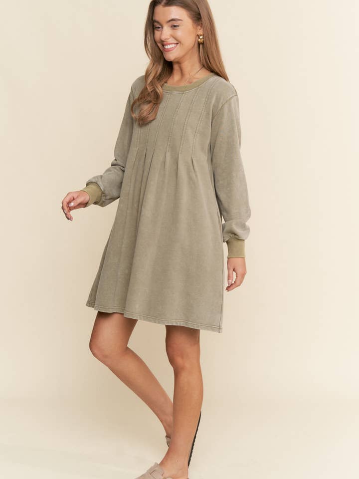 Moss Green Pleated Round Neck Long Sleeve Sweater Dress for wholesale on Faire3