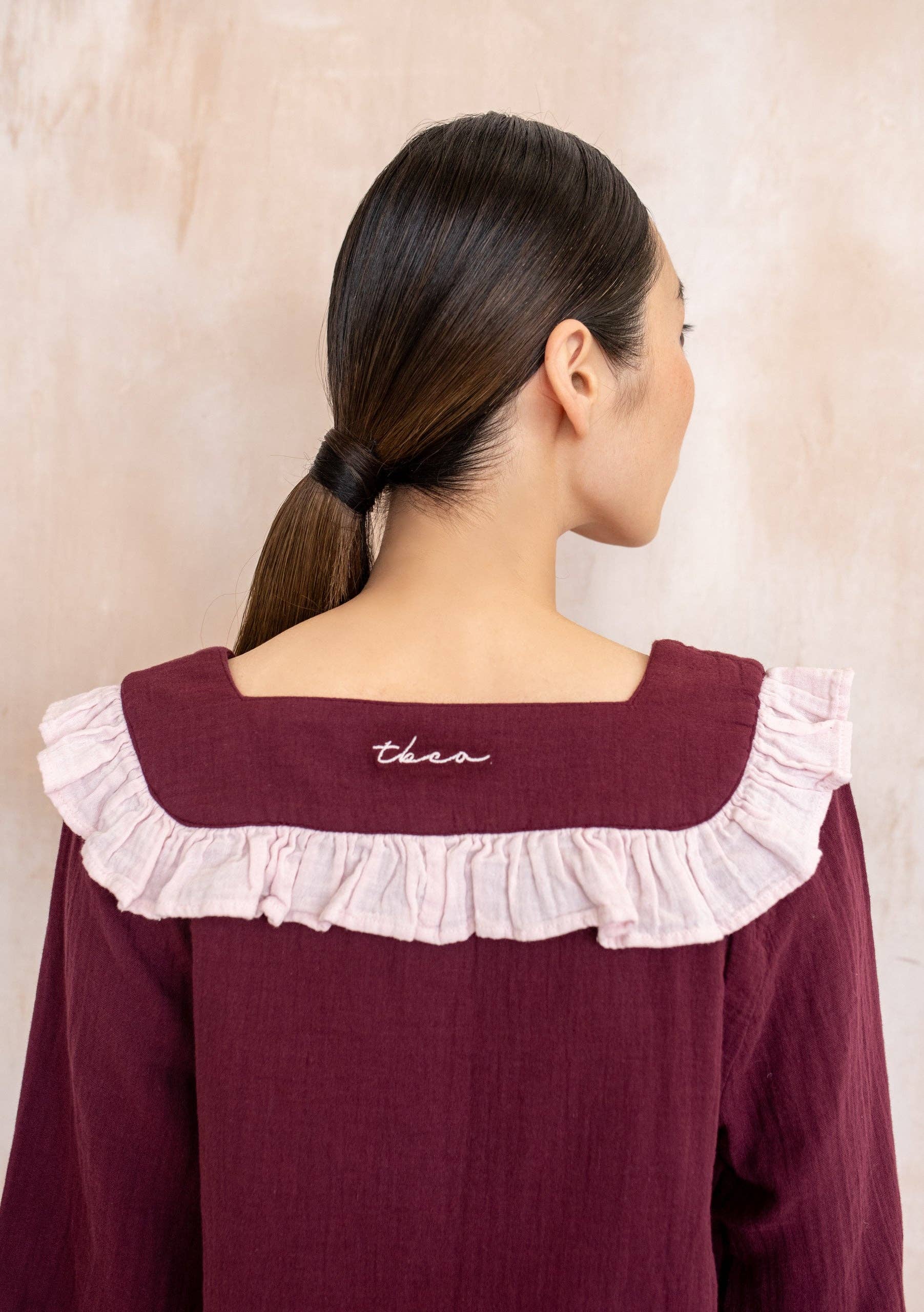 TBCo – wholesale Sleepwear set – Women's – Cropped Cotton Pyjamas in Burgundy Ruffle4