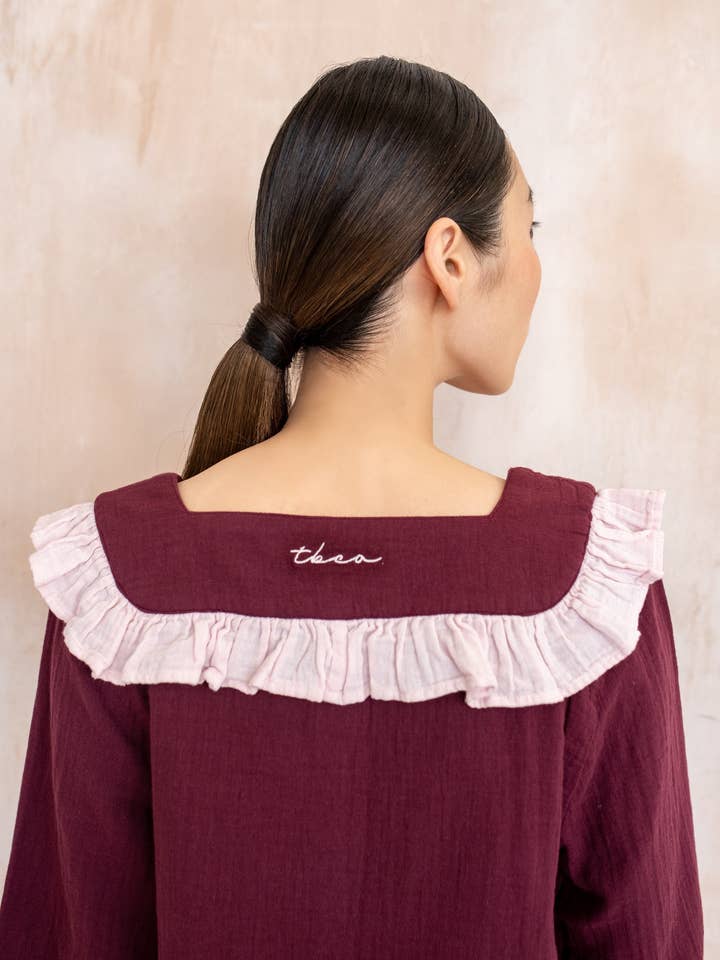 TBCo – wholesale Sleepwear set – Women's – Cropped Cotton Pyjamas in Burgundy Ruffle4