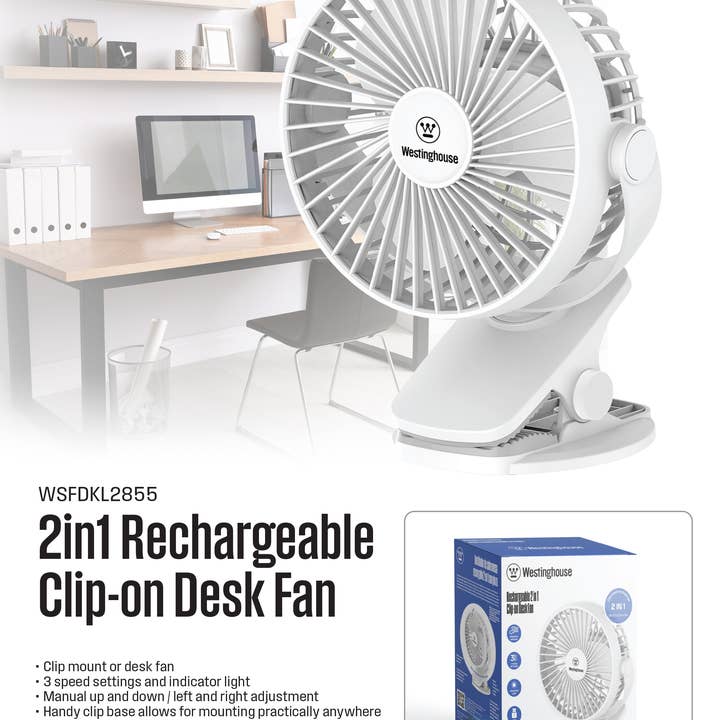 Westinghouse - Wholesale Handheld Electric Fan - Westinghouse 2-in-1 Rechargeable Clip/Table Fan + Adaptor
