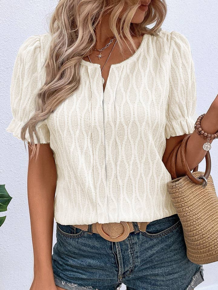 Solid Color Textured Notched Neck Puff Sleeve Blouse for wholesale by Secret Style Source