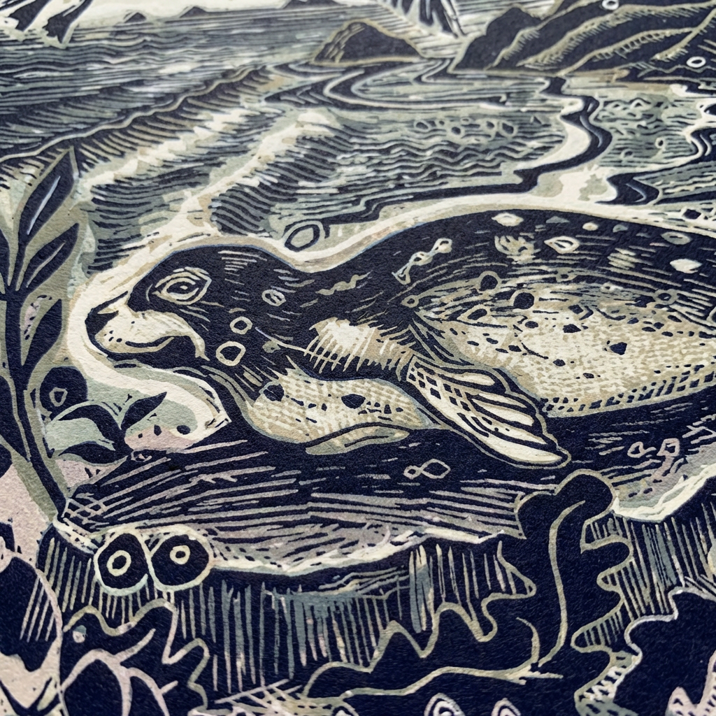 Jamie Poole – wholesale Art print – Among Corals and Shells (Seal) Limited Lino Print3