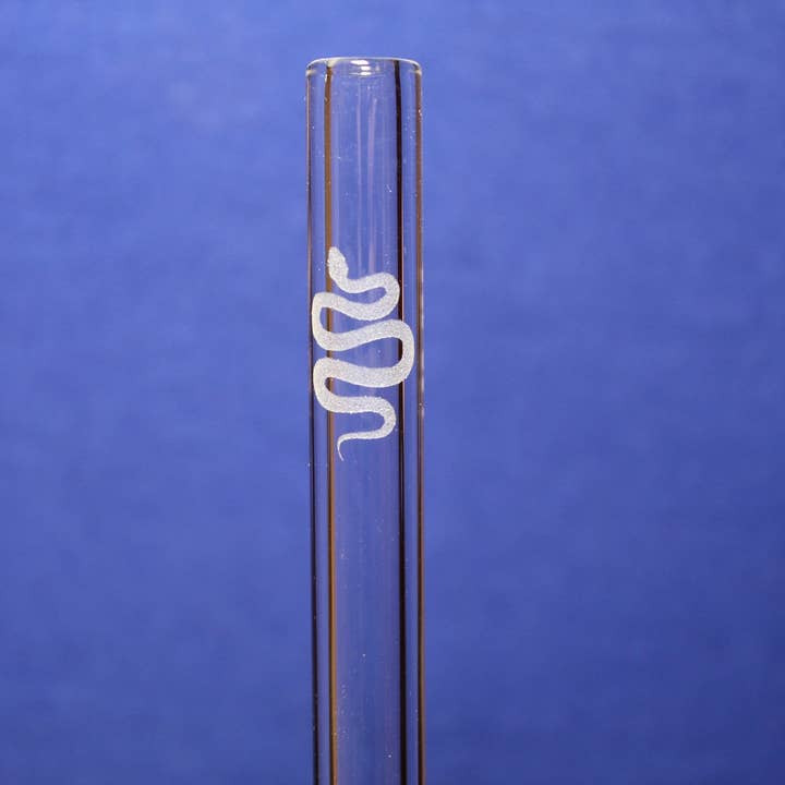 Etched Snake Glass Straw with cleaning brush for wholesale by DrinkingStraws.Glass LLC