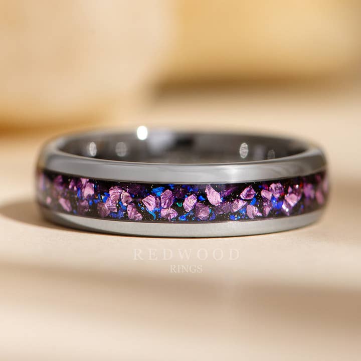 Silver Tungsten Ring with Purple Lab-Created Alexandrite - 6MM for wholesale by Redwood Rings