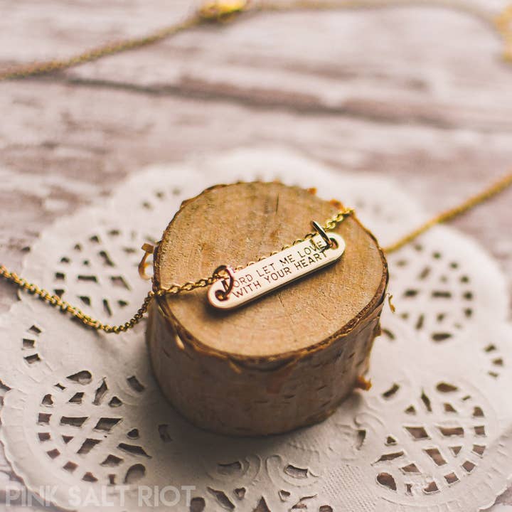 Pink Salt Riot - Wholesale Pendant/Charm Necklace - Love with God’s Heart Gold Bar Necklace